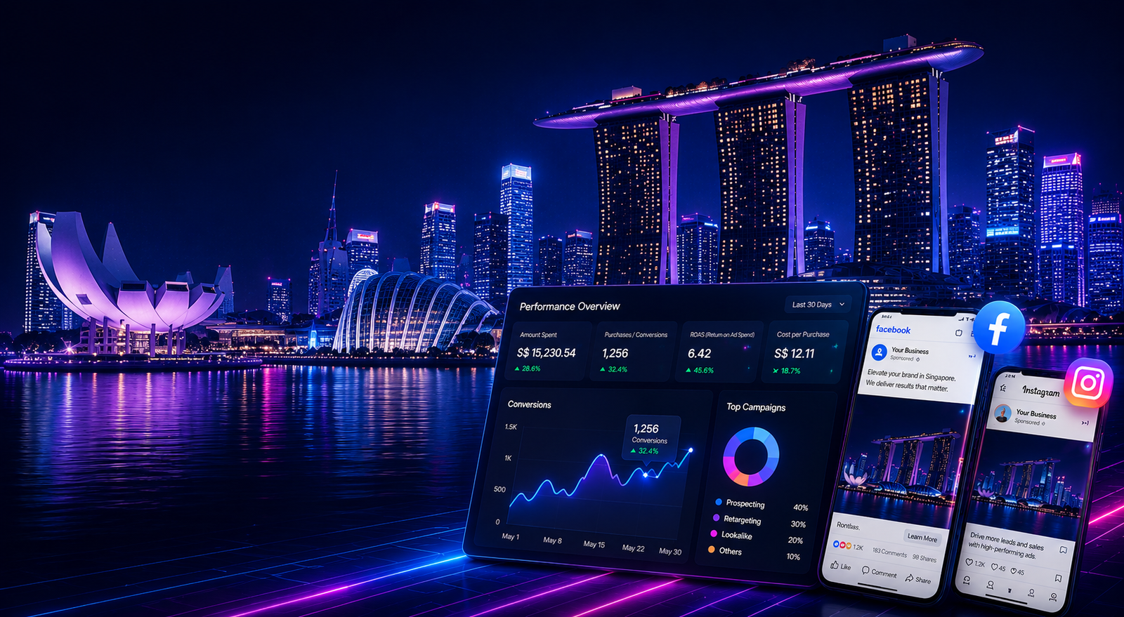 Meta Ads Performance Dashboard with increasing ROI graph